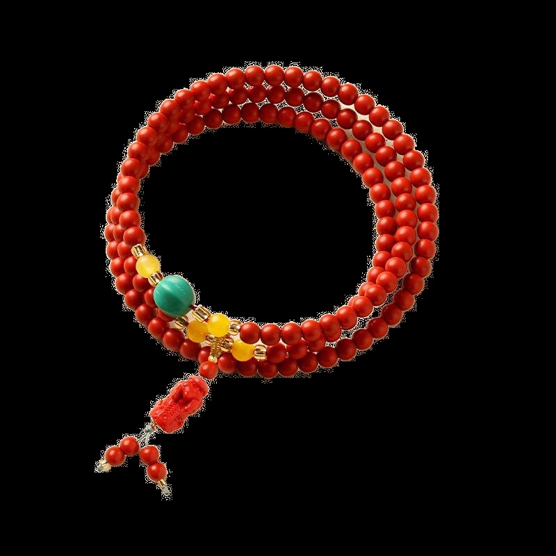 Red cinnabar 108-bead wrap mala with turquoise and amber accents