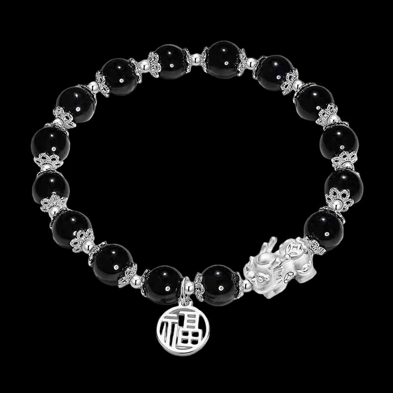 Black cat's eye bracelet with silver Pixiu charm and Fu pendant