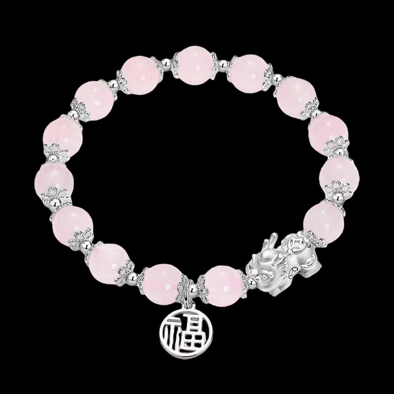 Pink cat's eye bracelet with silver Pixiu charm and Fu pendant