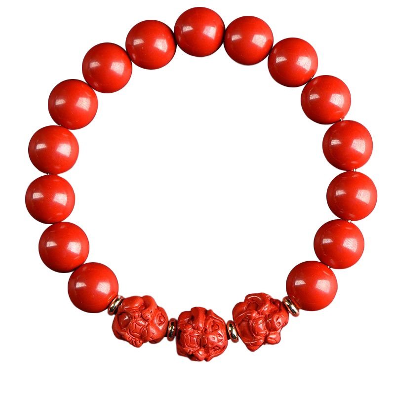 Red cinnabar bracelet with three carved Pixiu beads