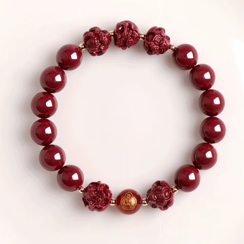 Deep red cinnabar Pixiu bracelet with carved guardian beads