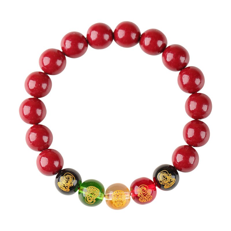 Five Wealth Gods bracelet in red cinnabar with five coloured god beads