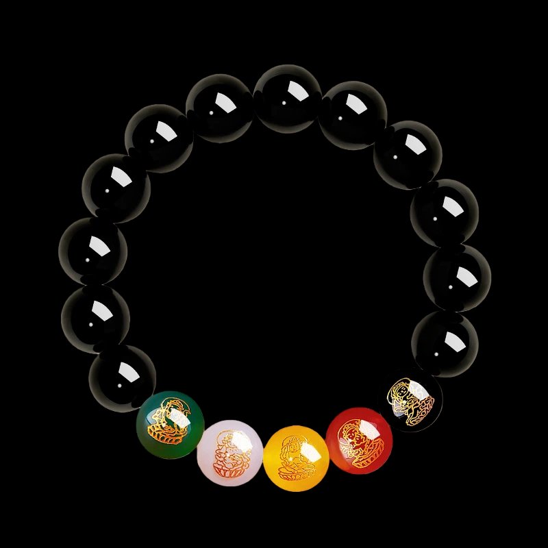 Five Wealth Gods bracelet in black obsidian with five coloured god beads