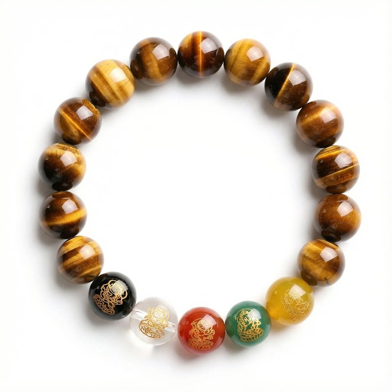 Five Wealth Gods bracelet in tiger eye with five coloured god beads