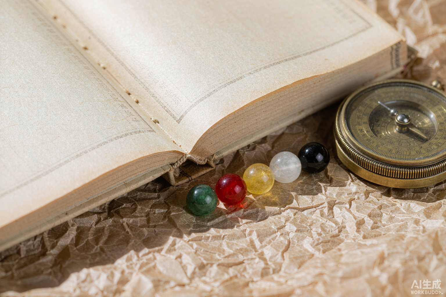 A classical Chinese almanac, a luopan compass and five gemstone beads on parchment
