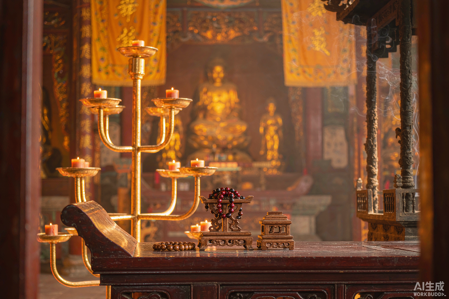 Prayer beads resting on an altar in a temple hall with candlelight and incense