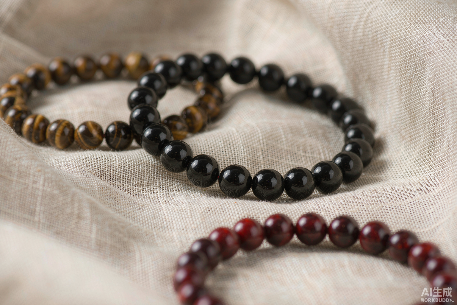 Obsidian, tiger eye and cinnabar bead bracelets on linen cloth