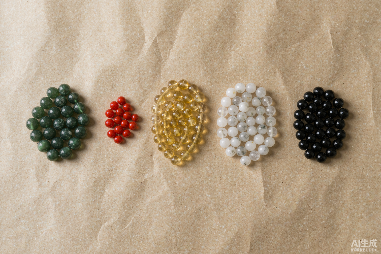 Five piles of gemstone beads in the five element colours